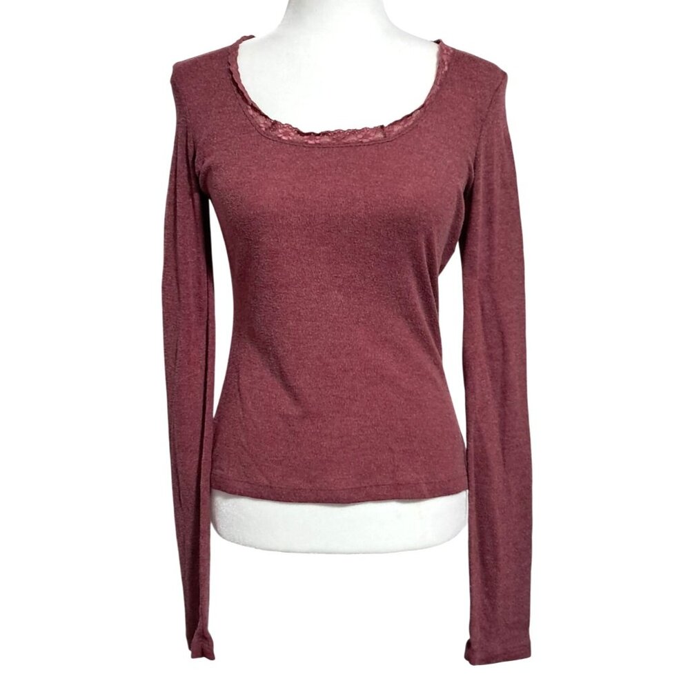 Energie Long Sleeve Scoop Neck Top Women‎ XL Burgundy Lace Trim Marled Y2K 90s